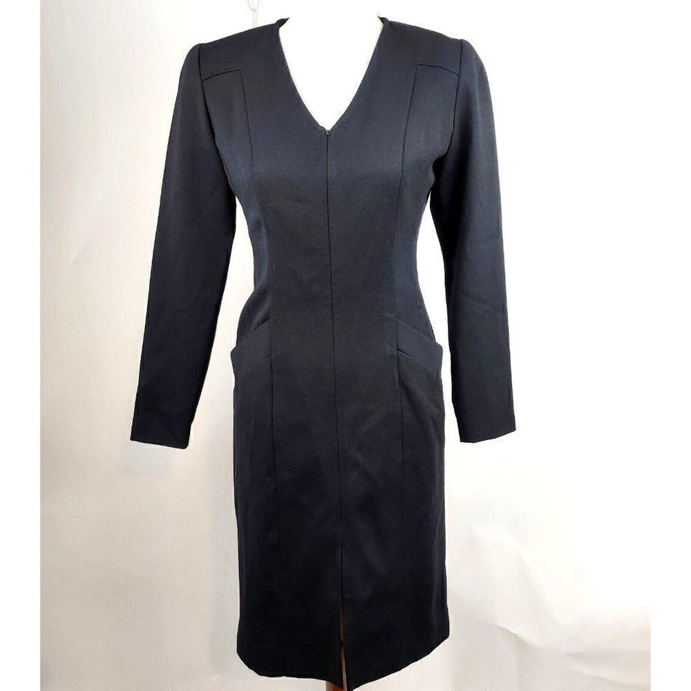 VTG Jeannene Booher 3/4 Long Sleeve V-Neck Zip Front Sheath Dress w Pockets sz S